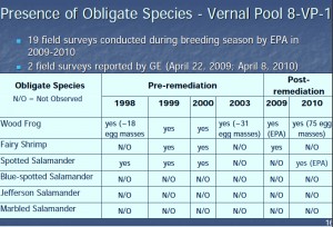 Table showing similar amphibian populations pre and post remediation
