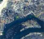 aerial photo of strange color sediment in cove of King Street Dump oxbow